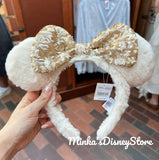 Hong Kong Disneyland - Fluffy Beige w/ Gold Sequined Bow Minnie Ears Headband - Non Ready Stock