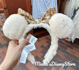 Hong Kong Disneyland - Fluffy Beige w/ Gold Sequined Bow Minnie Ears Headband - Non Ready Stock