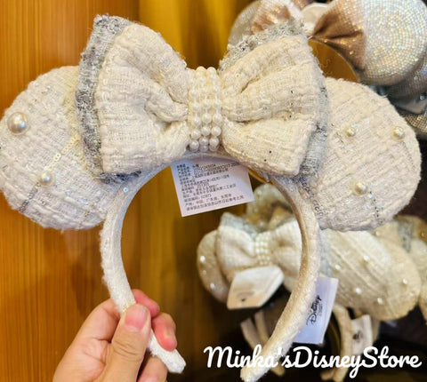 Shanghai Disneyland - Knitted White Color Minnie Ears Headband w/ Pearls - Non Ready Stock