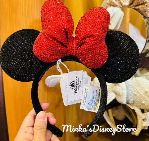 Shanghai Disneyland - Red Crystal Beads Bow Minnie Ears Headband w/ Pearls - Non Ready Stock