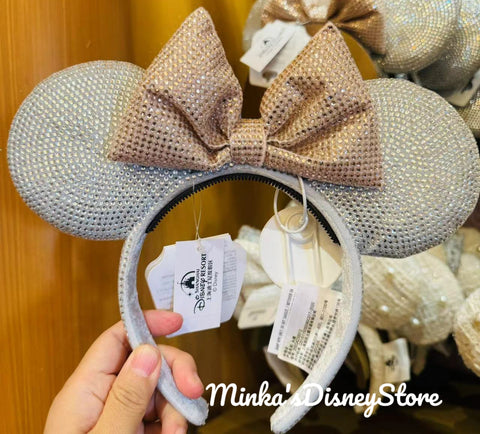 Shanghai Disneyland - Champagne Crystal Beads Bow Minnie Ears Headband w/ Pearls - Non Ready Stock
