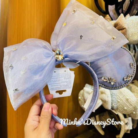 Shanghai Disneyland - Aqua Sheer Big Bow Minnie Ears Headband w/ Crystals - Non Ready Stock