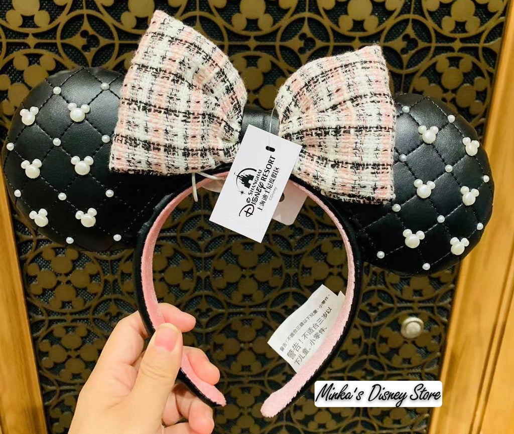Shanghai Disneyland - Checkered Ribbon Black Minnie Ears Headband